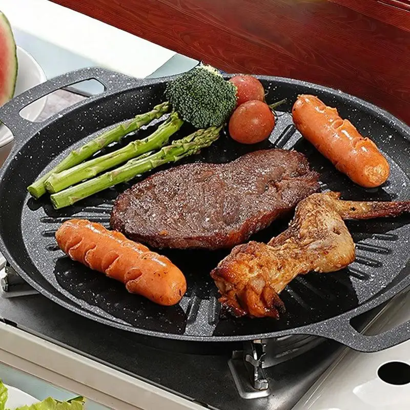 Round Grill Pan Stovetop Grill Pan Coated Griddle Non-Stick Anti-Scalding Cooking Gadgets For camping Meat Grilling 30cm