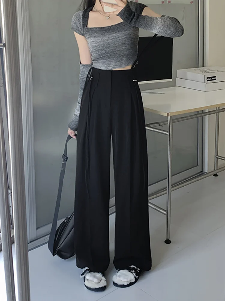 

Women Suit Pants 2023 New High Waist Slim Black Brown Grey Thin Strap Wide Leg Pants Female