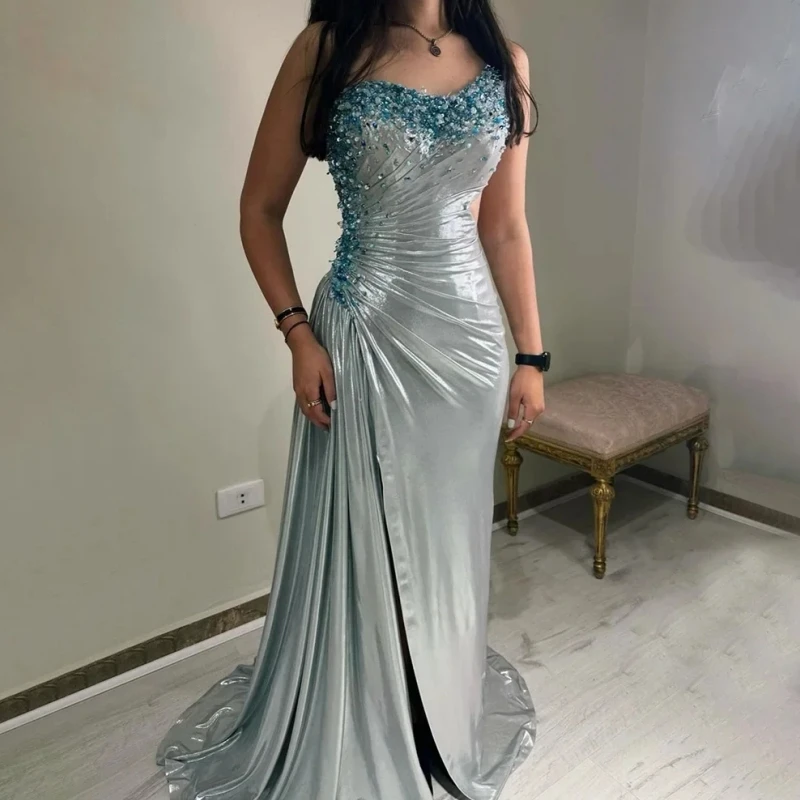 AA1668 Custom Made Luxury Beaded Evening Gown For Women Crystal Ruched Side Slit Prom Party Dress Formal Occasion Wear Vestidos