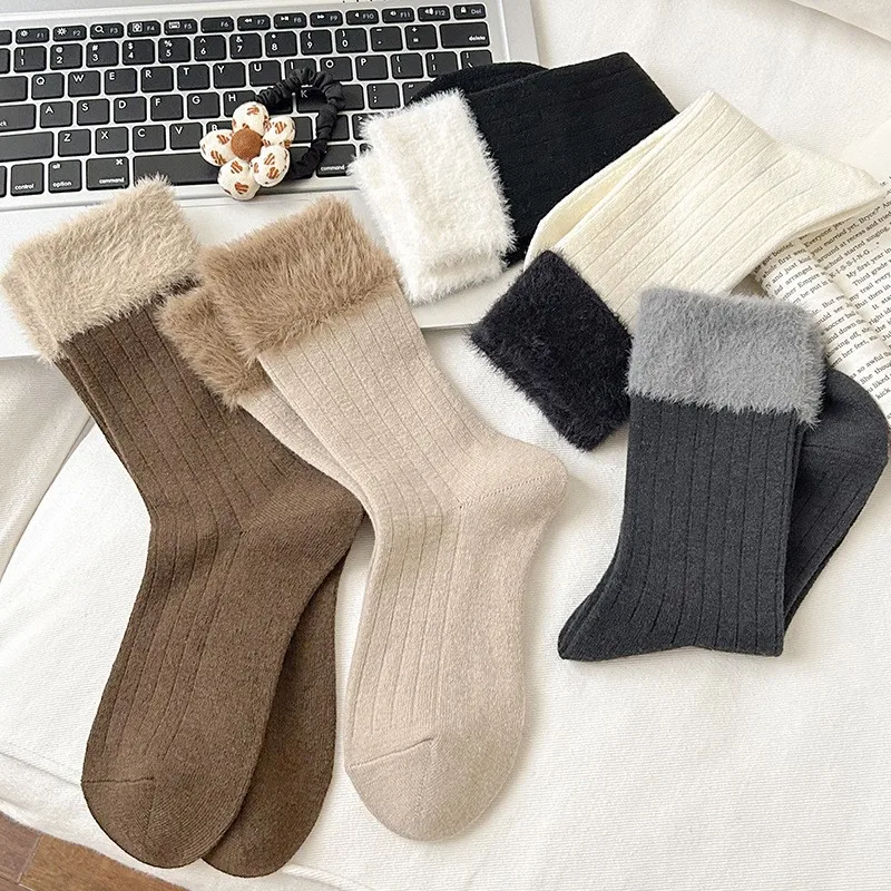 Autumn Winter Socks Women Comfortablle Mid-tube Matching Solid Color Ins Mink Velvet Thick Warm Fashion Causal Vintage Pile Sock