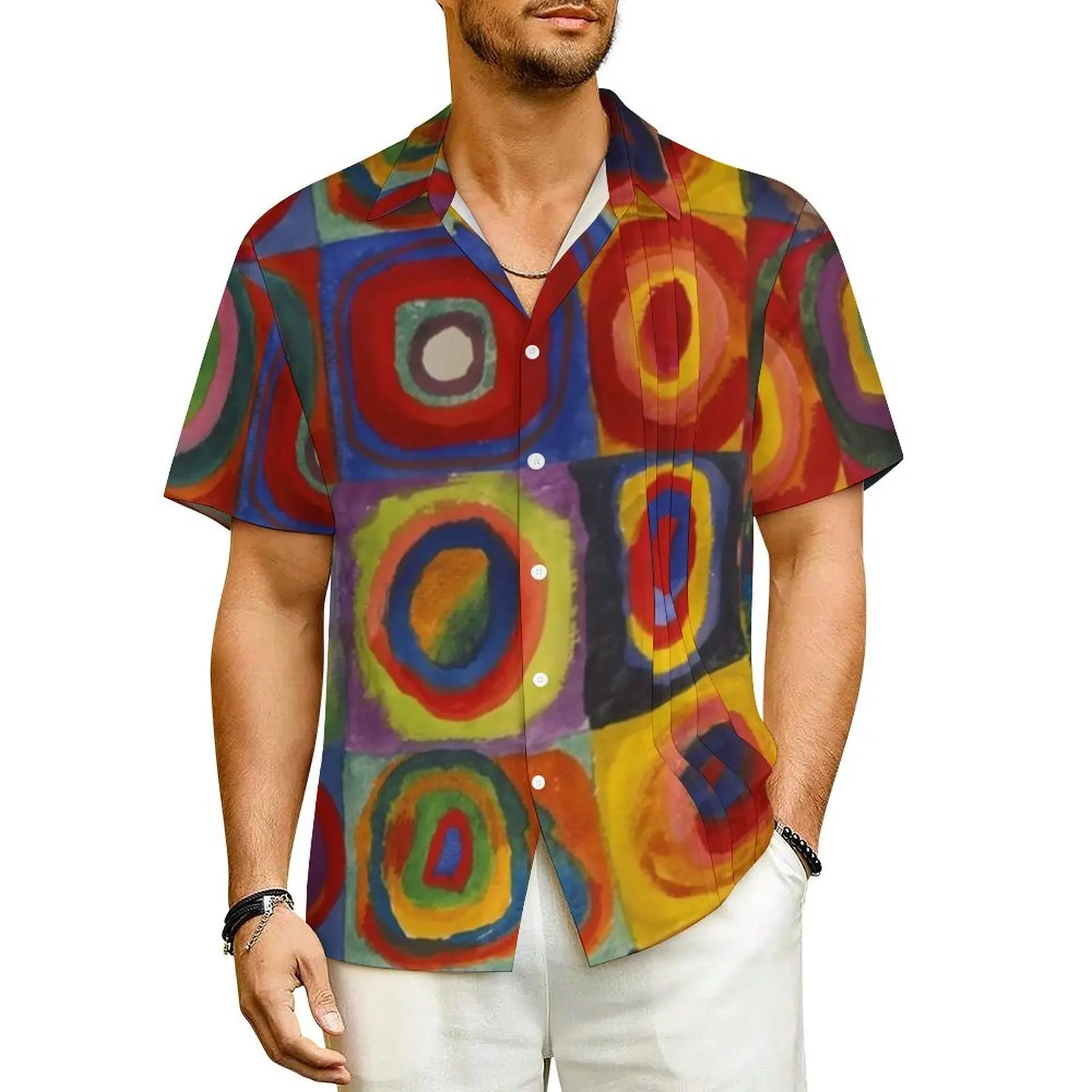 Retro Pop Art Hawaiian Shirt Men Vacation Kandinsky Print Casual Shirts Short-Sleeve Comfortable Design Vintage Oversize Blouses