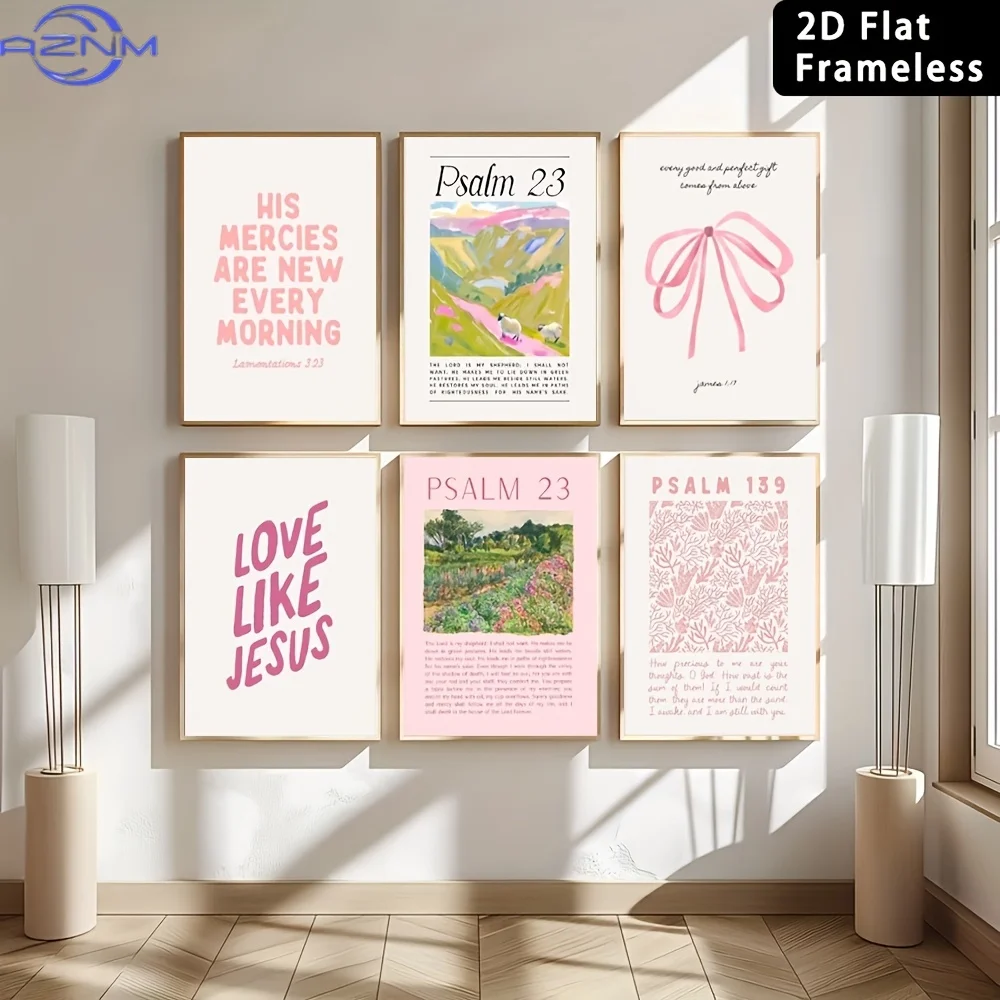 6pcs Frameless Pastel Wall, Poster Set, Featuring Bible Verses, Decorated with Inspiring Religious Quotes And Floral Landscapes,