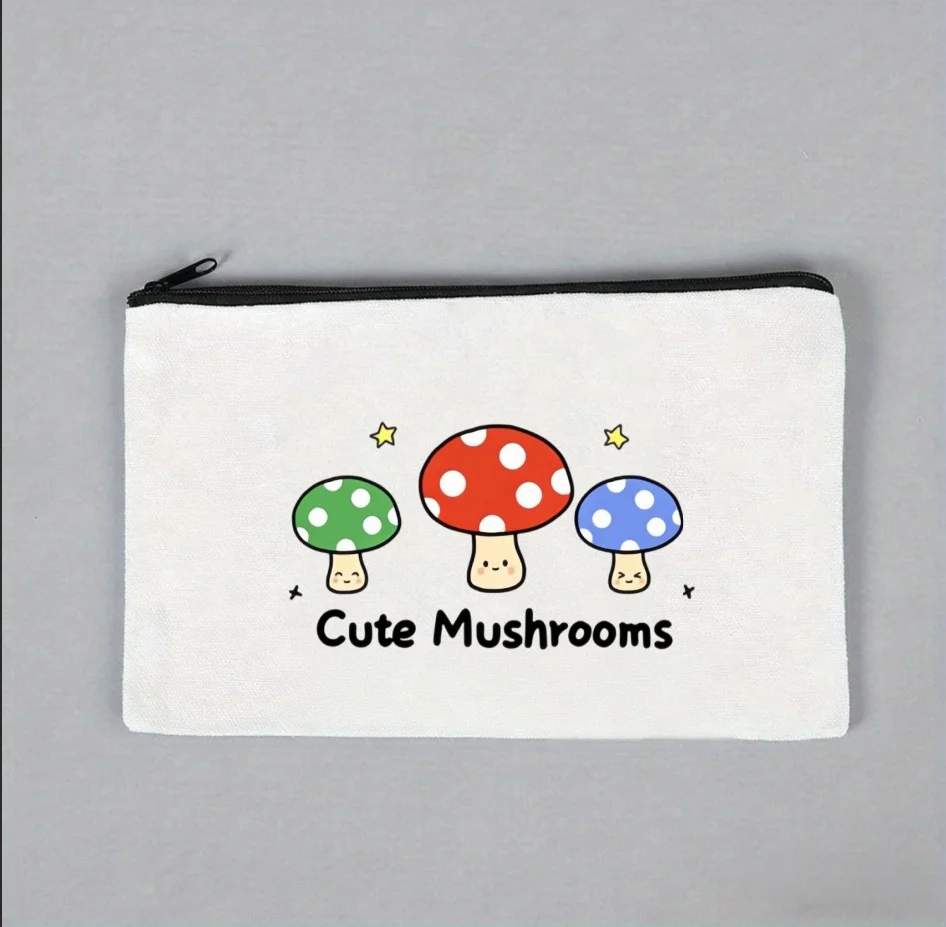 Cute Cartoon Colorful Mushroom Print Canvas Cosmetic Bag Portable Zipper Makeup Pouch Stationery Storage Coin Purse Gift view 4