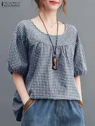 ZANZEA Summer Blouse Vintage Women Plaid Checked Tops Tunic Casual Loose Short Sleeve Shirt Fashion O Neck Baggy Blusas Chemise