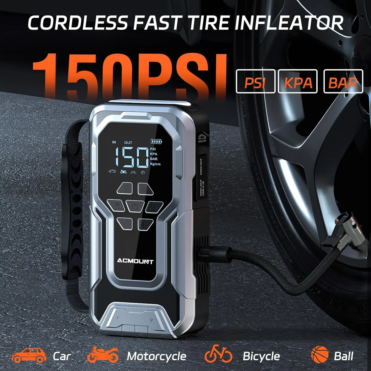 6000A Car Jump Starter with Air Compressor, 150PSI Tire Inflator, Power Bank & LED Light for Emergency Kit