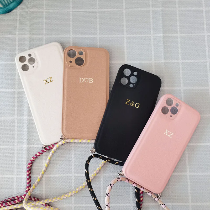 Customize Gold Silver Letters Leather Lanyard Case for iphone 14 13 12 11 Pro Max XS XSMAX 7 8 Plus 12 13 Mini Cover Luxury Case