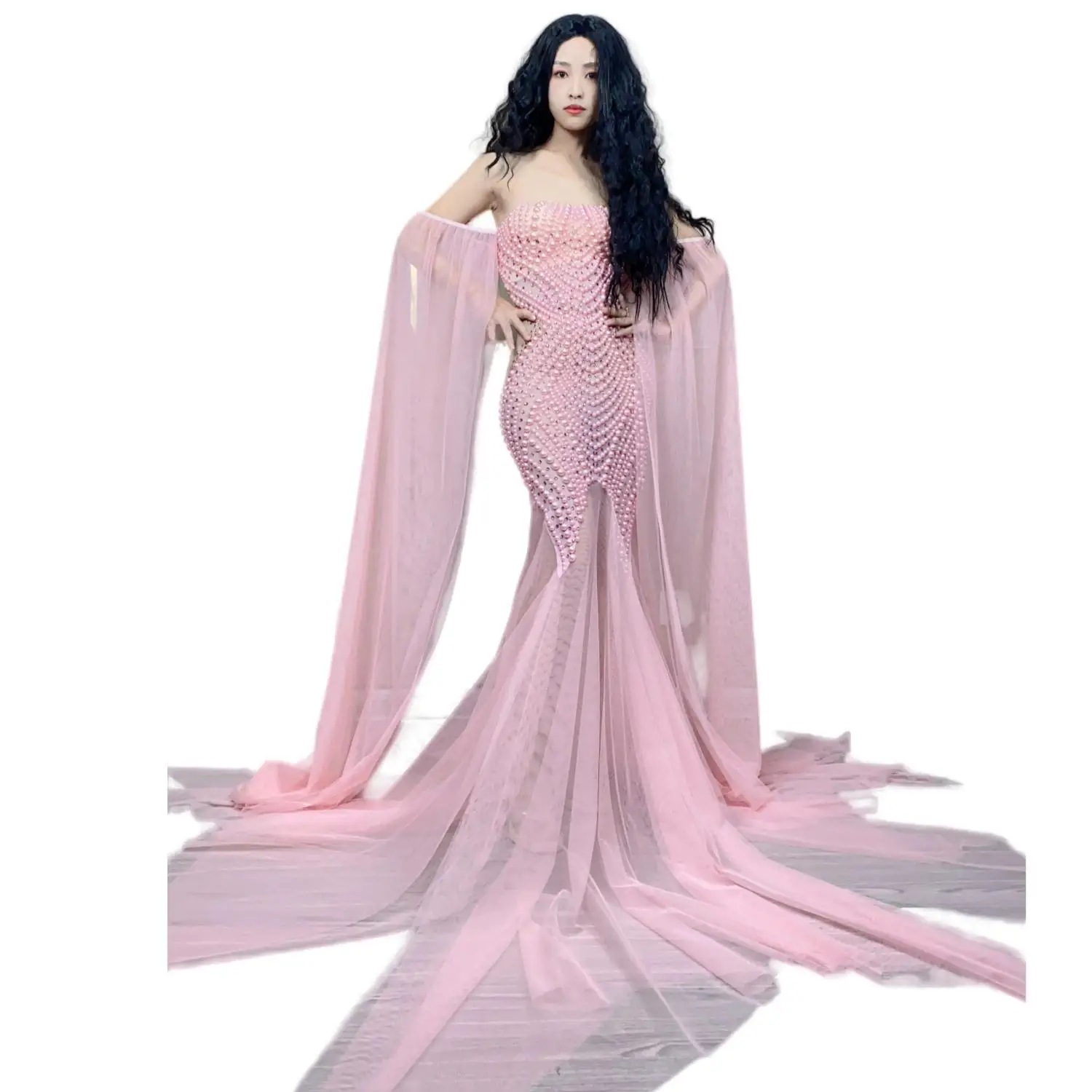 High Quality Prom Sexy Pink Beading Bodycon Mesh Evening Dress Women Fashion Luxury Beading Mermaid Thin Straps Sleeveless Gown