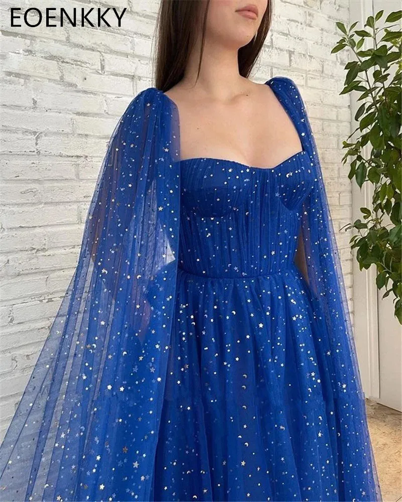 Elegant Women's A-line Prom Dresses Royal Blue Shining Sheer Long Sleeved Formal Occasion Dress vestidos de gala Customized