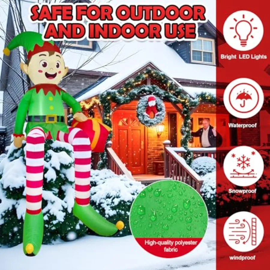 8 FT Christmas Inflatable Outdoor Decorations Sitting Elf Holding Gift Bag Blow Up Builtin LED Lights for Xmas Holiday Decor