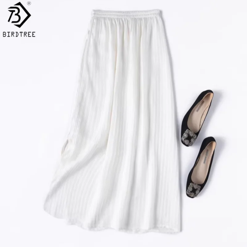 Birdtree, 100% Silk Skirt, Women's Double Layer Elegant Sangbo Satin Skirts, Elastic Waist, Side Slit, 2026 Spring New D63226JF