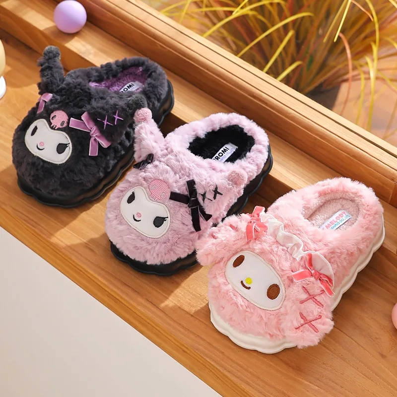 

Sanrios Anime Kuromi Kids Plush Slipper Kawaii Winter Thickening Keep Warm Indoor Slipper Cute Mymelody Girl Child Casual Shoes