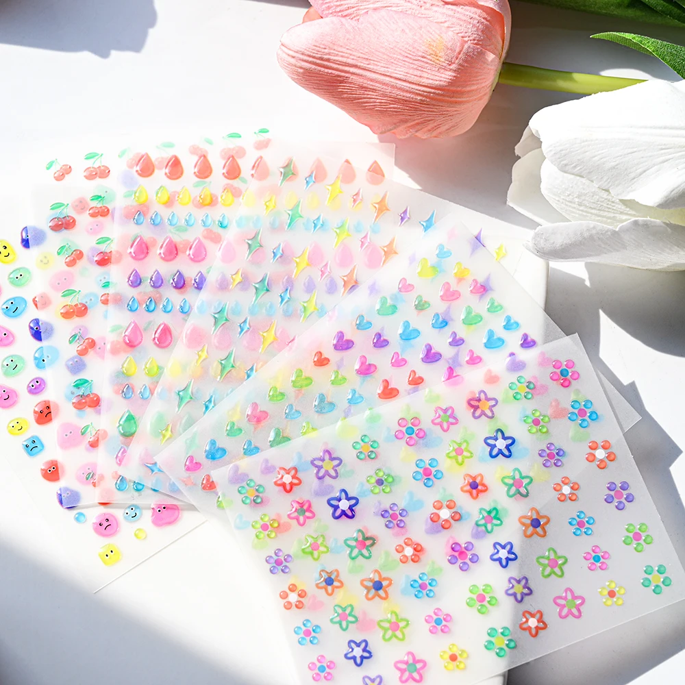 5D Jelly Star Flower Nail Sticker Kawaii Cartoon Smiling/cherry/drops Adhesive Sticker Manicure Decals for Nail Art Decorat 1pcs