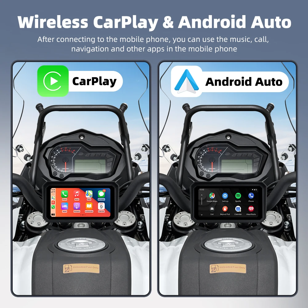 Waterproof Motorcycle Apple Carplay Android Auto 6Inch Linux screen  WiFi GPS Navigation support 2ch-1080P DVR/TPMS/18-Languages
