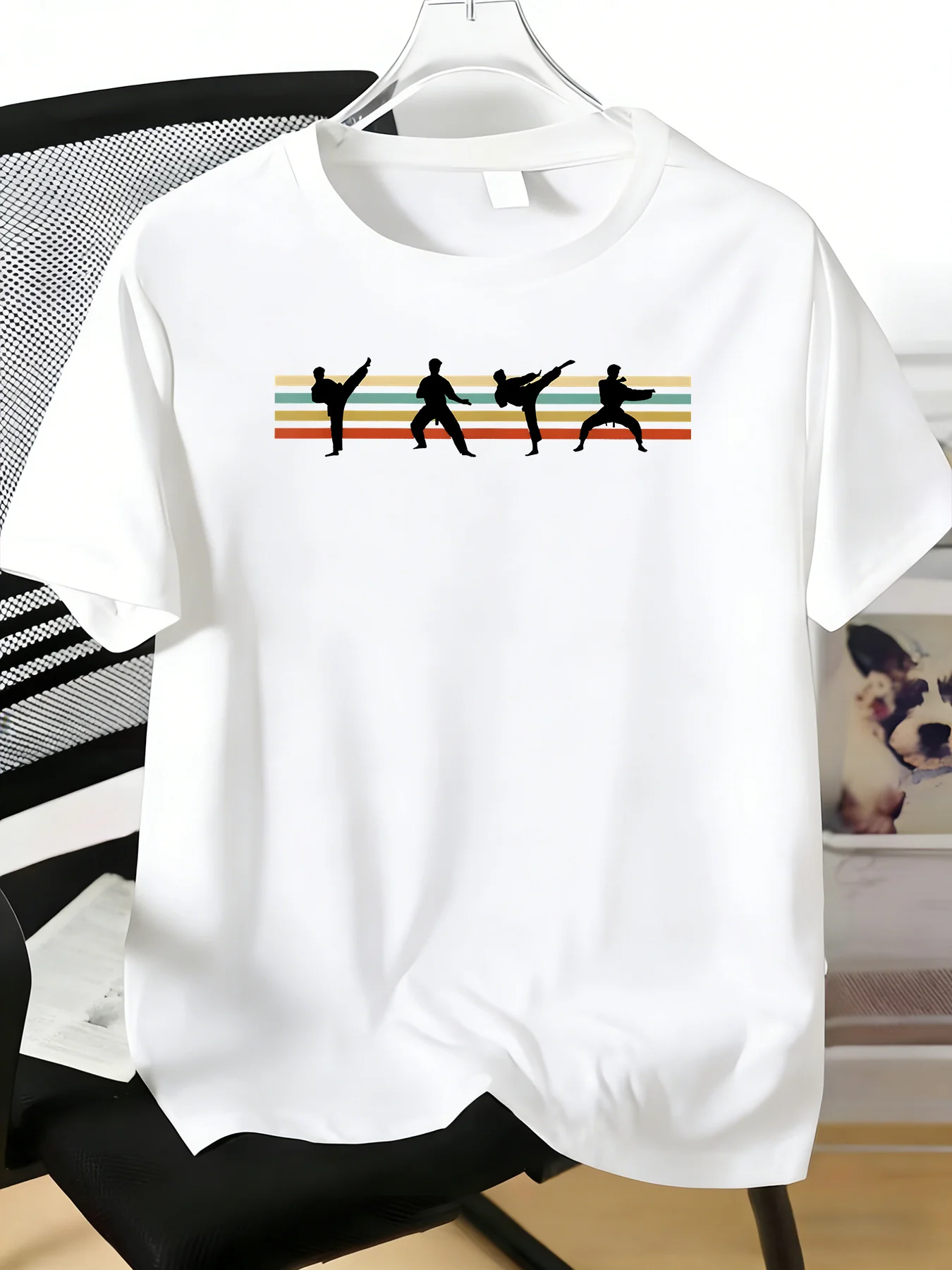 Vintage Striped Karate Silhouette Graphic Mens Soft Cotton Crew Neck Short Sleeve Tee Casual Sport Top For Martial Arts Fan Male