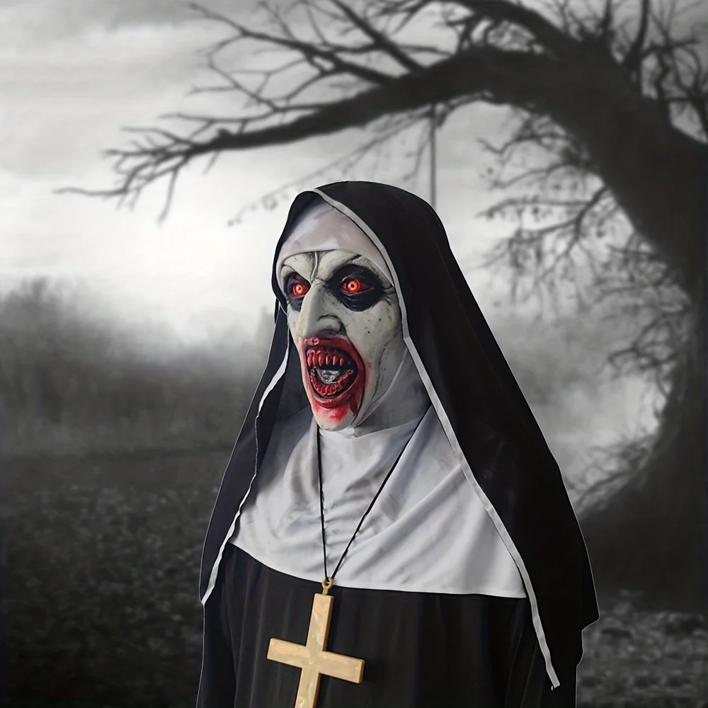 Latex Realistic Horror Zombie Mask With Hat,Halloween Nun Latex Head Mask,Perfect For Costume Parties,Cosplay Gothic Style Mask