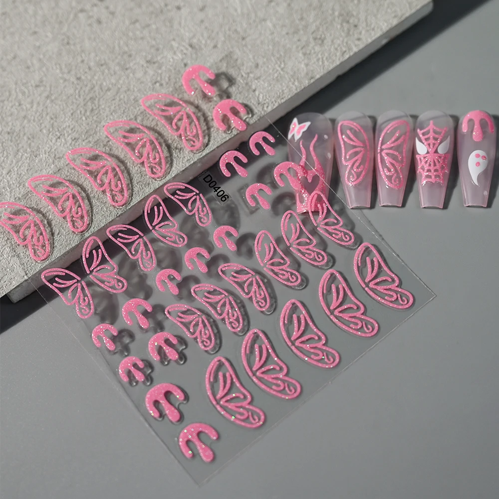 1 pz 3D rosa glitter adesivi per unghie di Halloween fantasma ragnatela pipistrello teschio adesivo decalcomanie per unghie decorazioni per unghie di Halloween fai da te