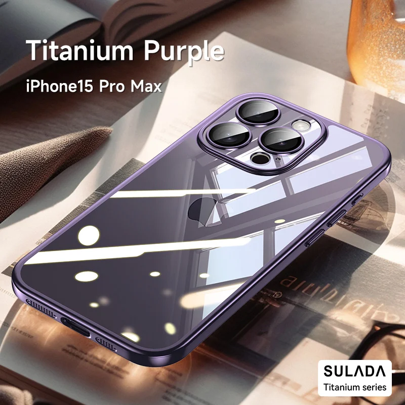 Titan Lünette transparente Rückseite Glas Handy hülle für iPhone 15 14 Pro Max 15 plus Kamera Schutz beschichtung klare Hardcover