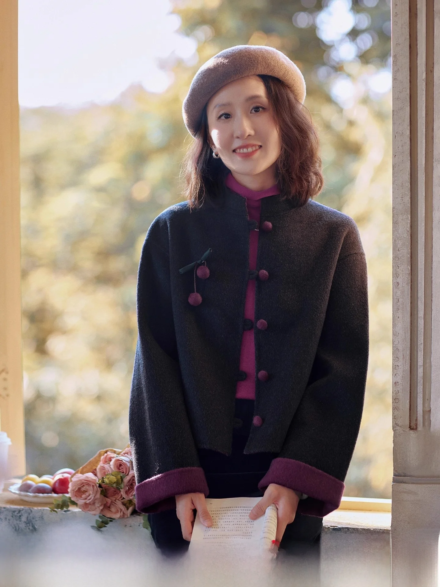 

Red Reminder 00 Woolen ey Purple Tweed Jaet Women's ort Design Winter New Top Loose Fit Long Sve Single Button