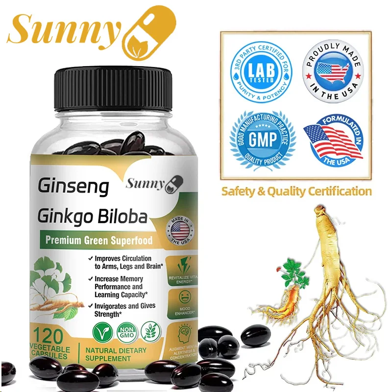 

Ginseng + Ginkgo Biloba Extract Capsules - Brain Health Supplement That Helps Blood Circulation, Metabolism and Energy Levels