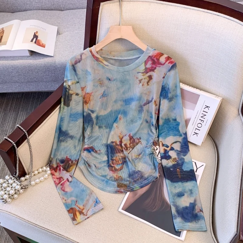 Letnia nowa koszulka damska z efektem tie-dye, długa, z okrągłym dekoltem, chroniąca przed słońcem, do pracy, w stylu koreańskim.