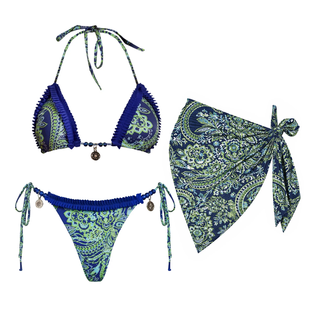 Sexy 3Pieces Bikini Women 2026 Swimsuit Printed Swimwear Sarong Cover Up Bathing Suits Micro Bikinis Beachwear Bandeau Biquini