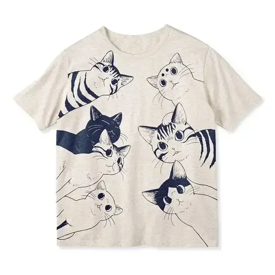 Vintage Summer Hip Hop Harajuku Vintage Cat Print Plus Size T-Shirt Street Short Sleeve Casual Women T-Shirt Y2k Punk Clothing