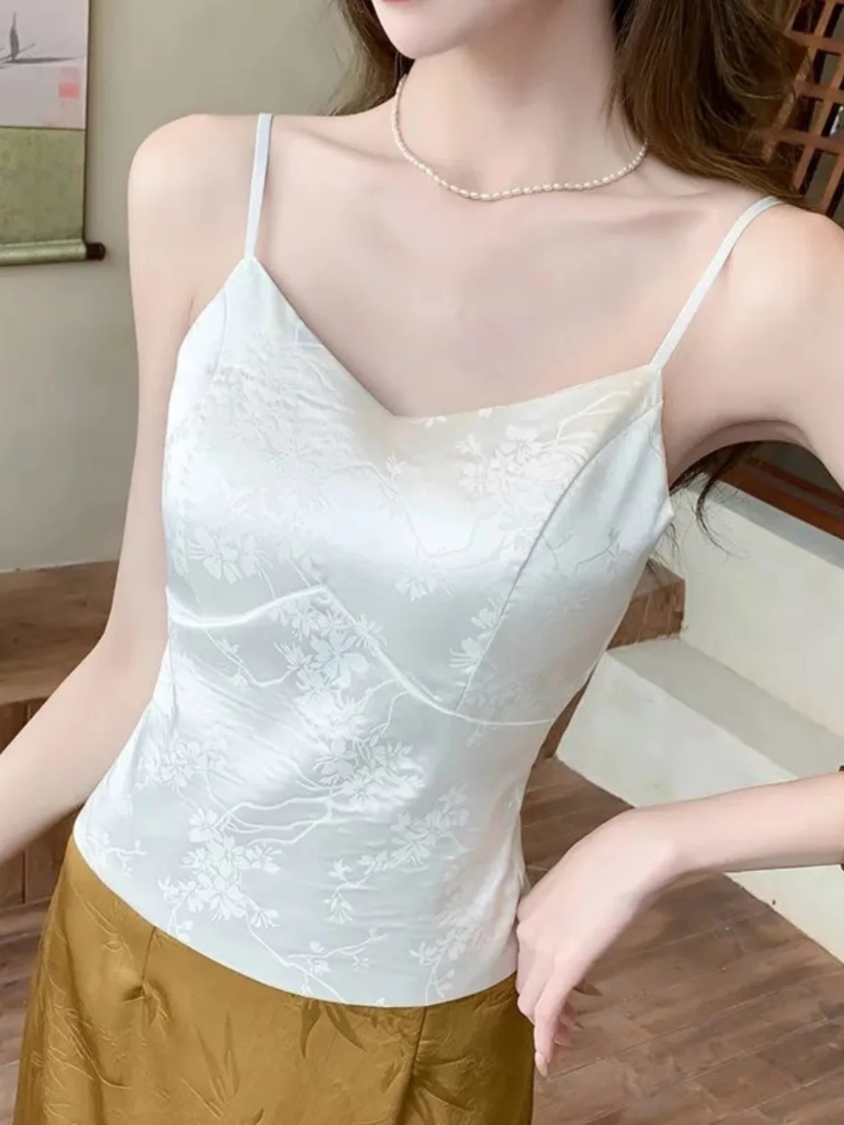 New Chinese Style Satin Wrap Tank Top Women's Suit Inner Wear Summer Autumn Outerwear with Chest Pad Integrated Beautiful Bac...
