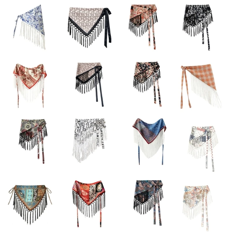 Printed Waist Scarf Belt for Women, Fringed Tie Wrap Polyester Fart Curtain with Fringe Trim for Dresses, Skirts, Travel