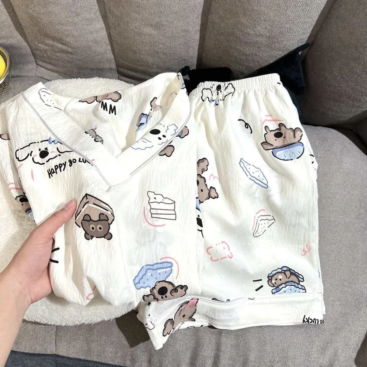 

Cute Cartoon Cloud Cotton Pajamas Women's ort Sve Home Wear Spwear Set Youth Summer Thin Fabric Print Pattern
