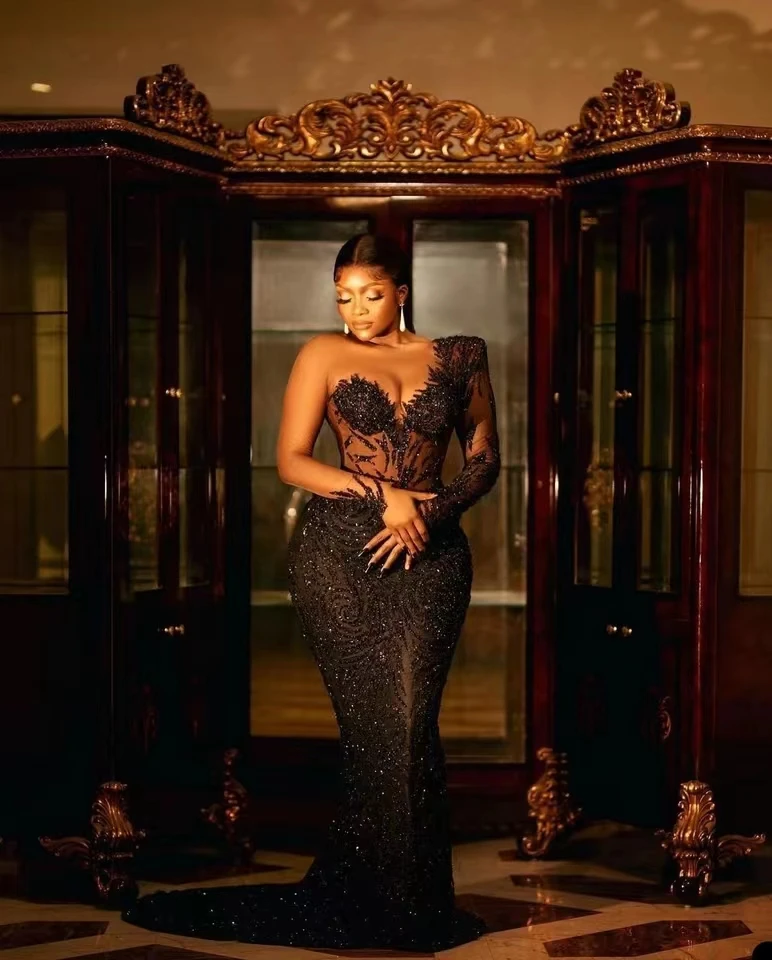 Plus Size Black Girl Celebrity Evening Dress 2024 Sequined Illusion Prom Gowns One Shoulder Sheer Neck Party Dresses Custom Made