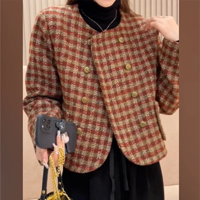 

EVNISI Women Elegant Long Sleeved Tweed Coat Casual Jacket Plaid Buttons Up Cardigan Women Office Outerwear 2024 Autumn Winter
