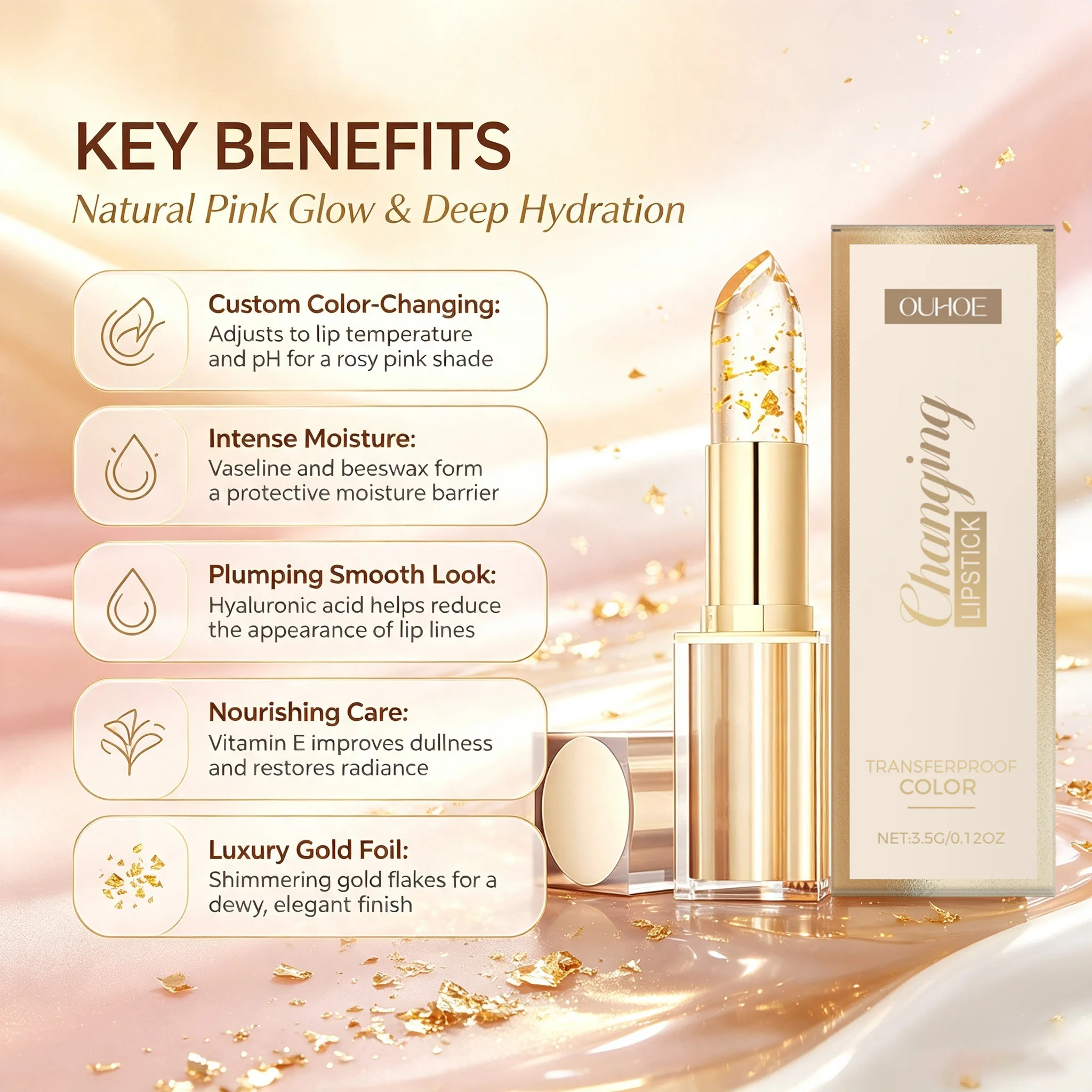 Gold Foil Color Changing Lip Balm Glossy Non-Sticky Nourishing Moisturizing Lasting Transferproof Color Changing Lipstick