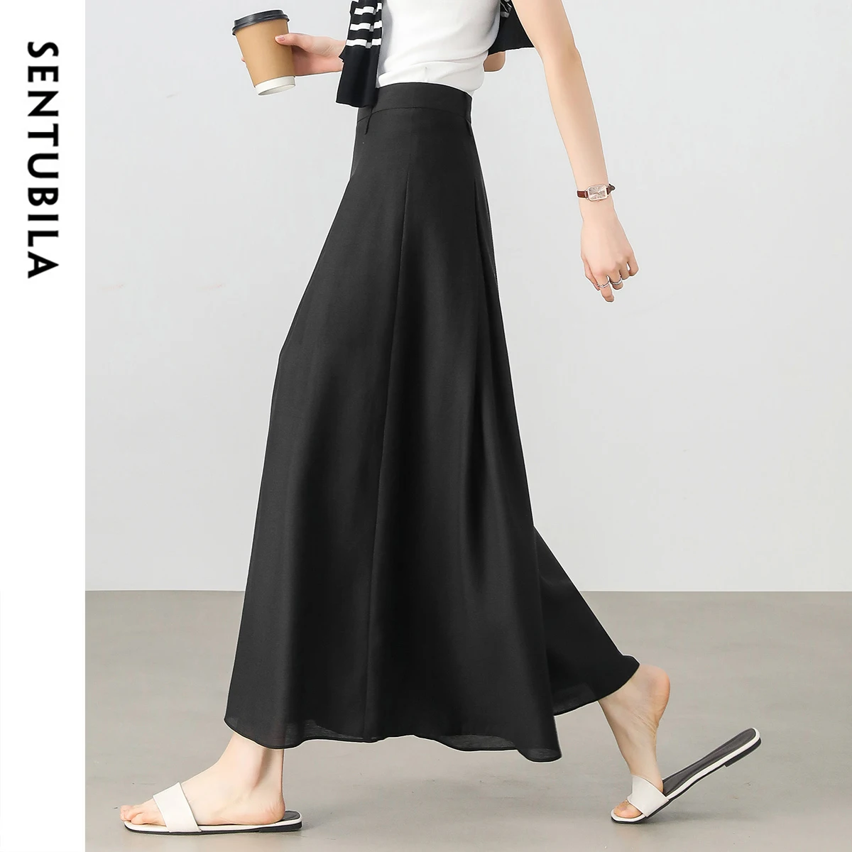 SENTUBILA Black Lyocell Women's Skirts Pants 2025 Elegant High-waist Wide-leg Pants Folds Ankle Length Trousers Lady 152K59026