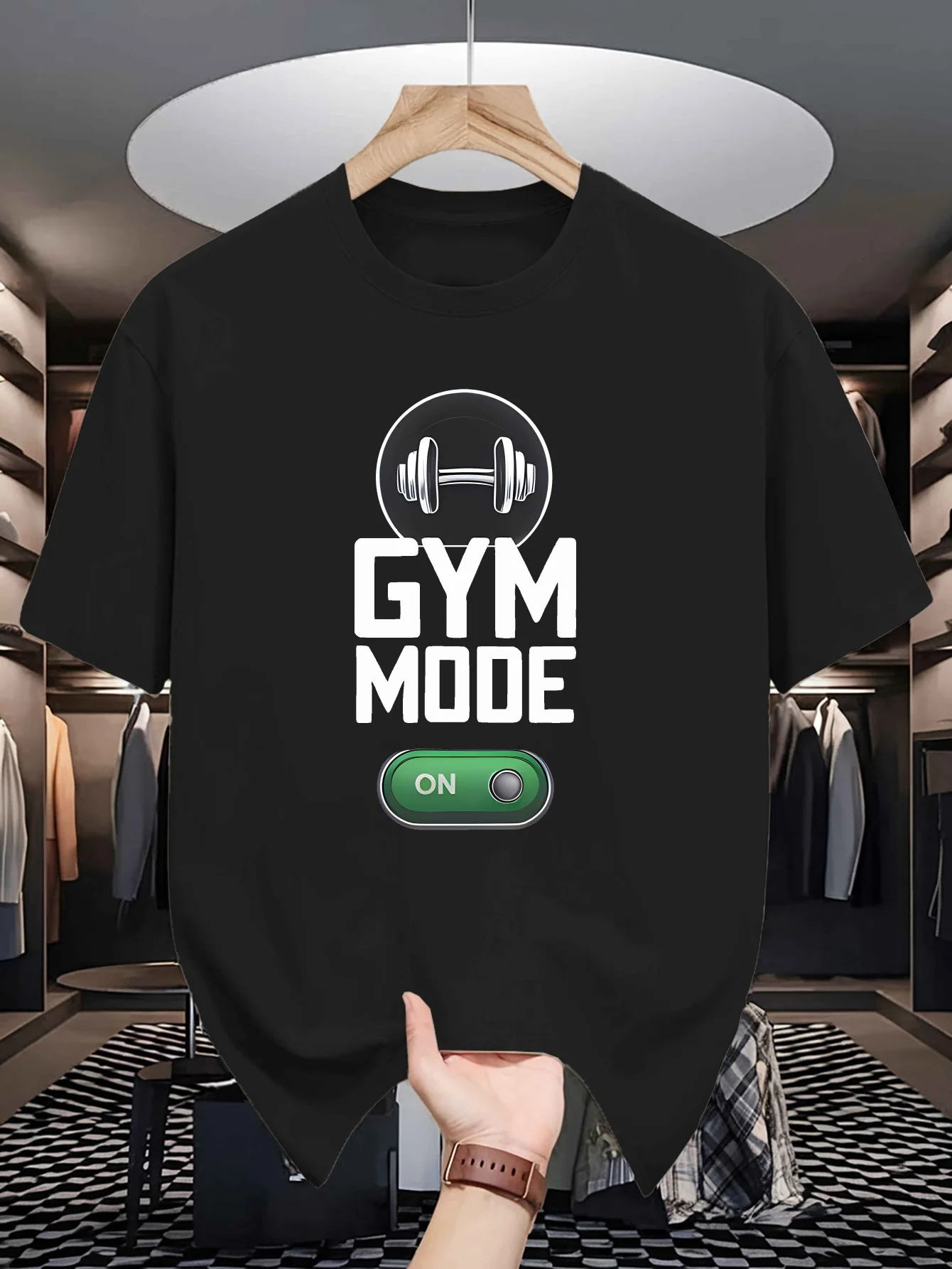 Gym Mode On Dumbbell Graphic Mens Crew Neck T Shirt Fitness Toggle Switch Print Short Sleeve Casual Cotton Daily Tops