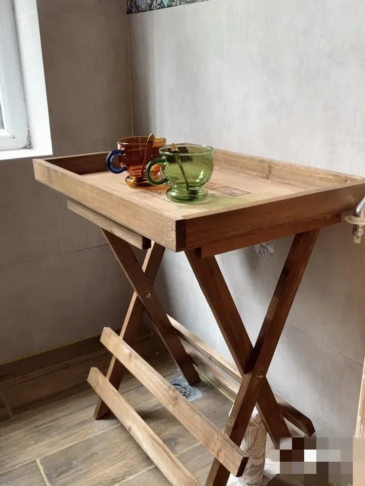 Rural retro solid wood storage folding rack tray coffee table wooden movable bracket balcony wooden flower stand