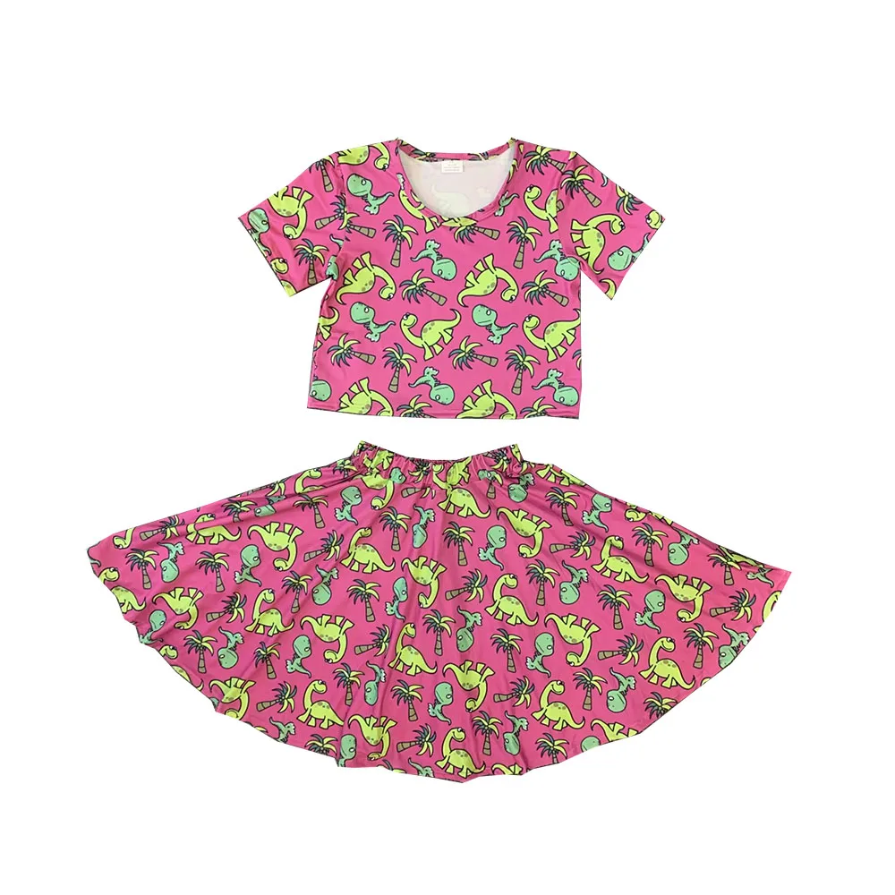 

Wholesale Kids Valentine's Outfits Pink Cartoon Burger Food Short Sleeve Dinosaur Skirts 2 Pieces Sets