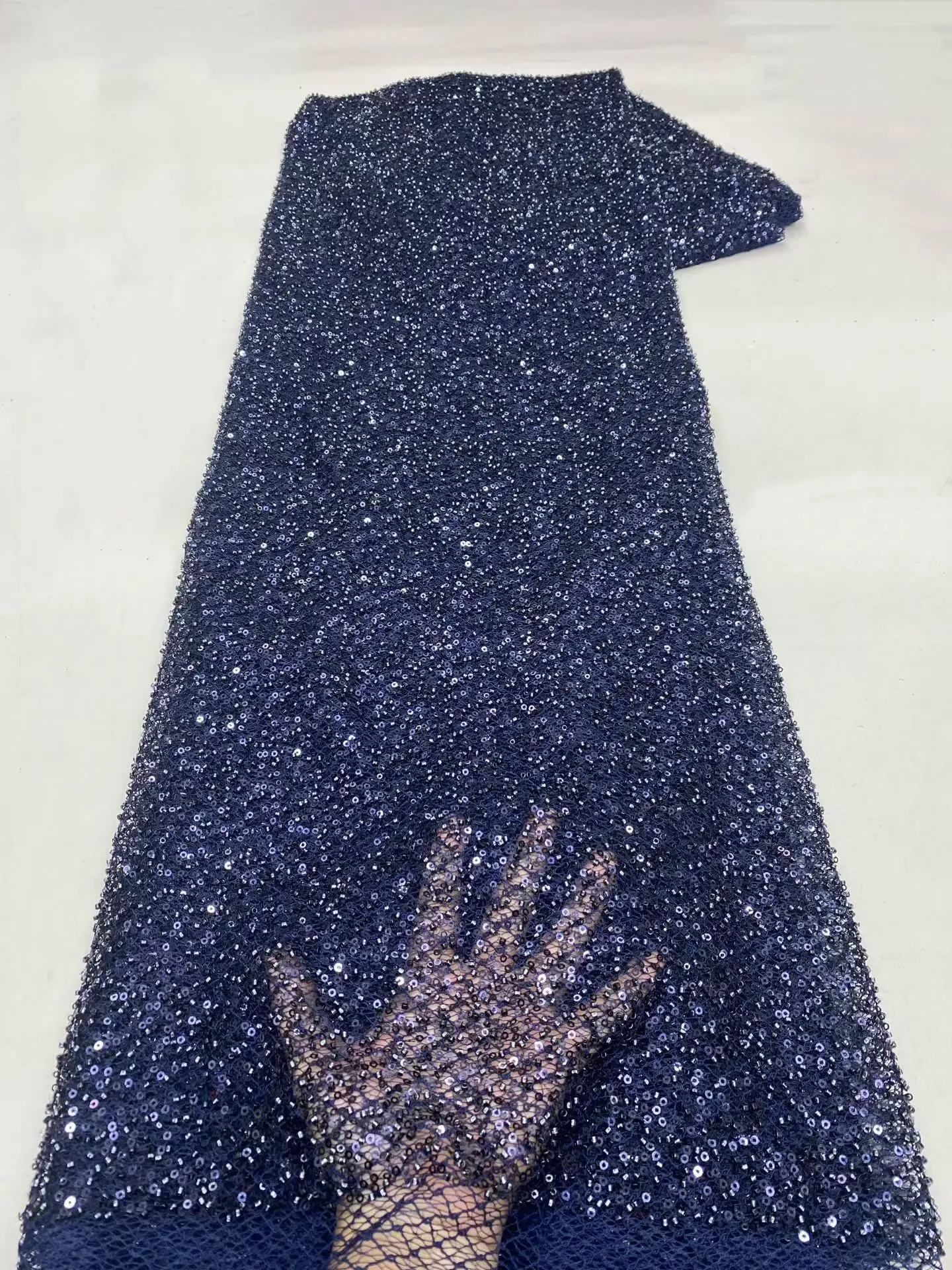 

Новинка: темно-синяя африканская кружевная ткань с бисером и пайетками, 2026, высококачественная, ручной работы, нигерийское кружево, KXX26137