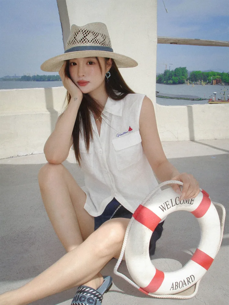 

Ripe Plum Season Women's Linen Svel Embroidered irt Slimming Waist Design Summer New Sle ort Top Commute Sle