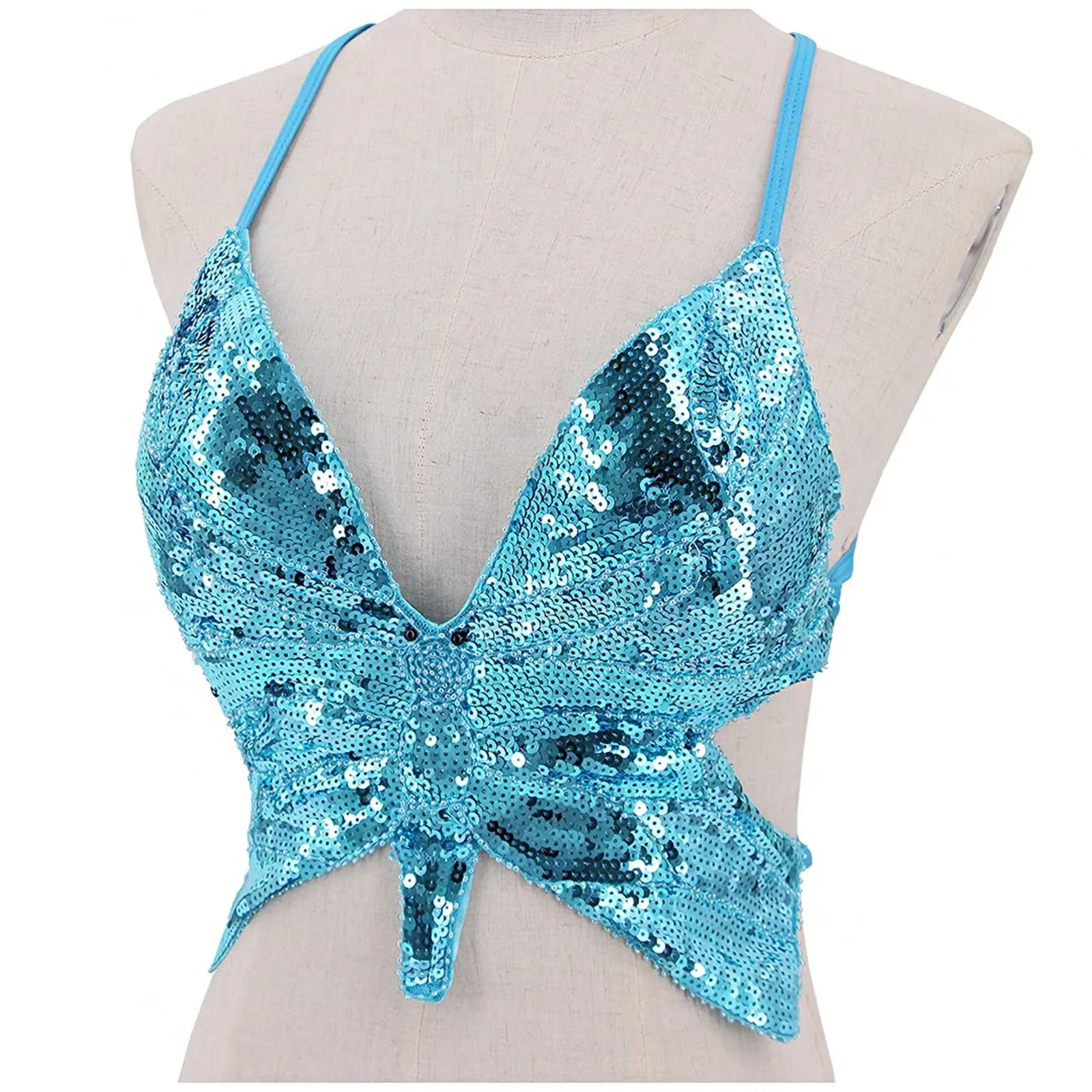 Y2k Butterfly Sequin Crop Top Women Summer Backless V Neck Sexy Club Costume Carnival Festival Clothes New Bandage Bra Tops