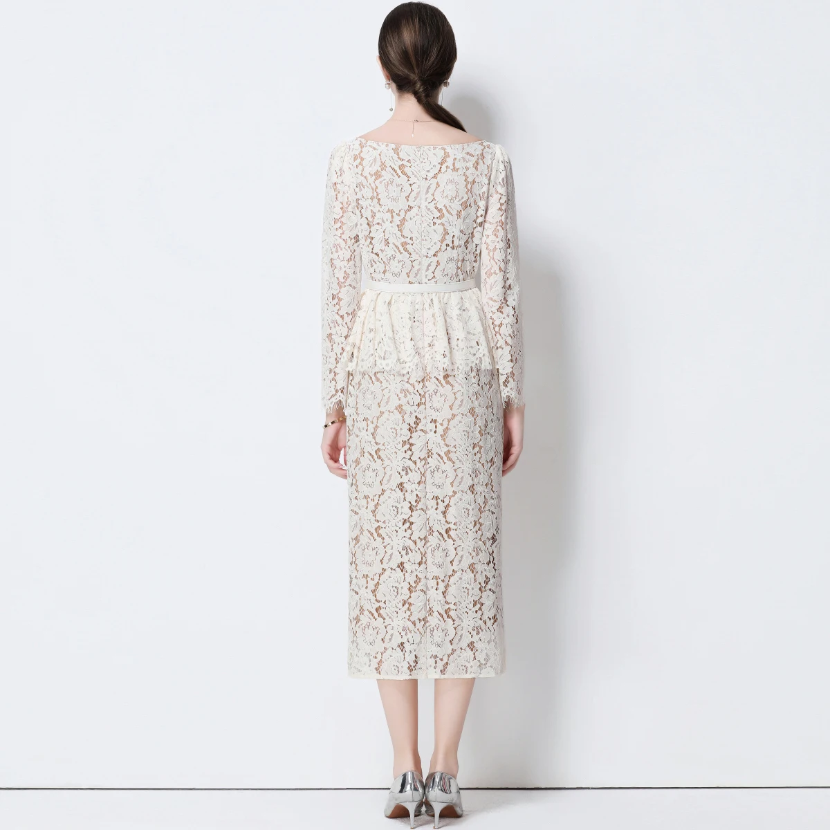Quality Autumn Long Sleeve Midi White Lace Evening Sheath Dress Women Summer Autumn Beaded Diamonds Prom Wedding Dresses