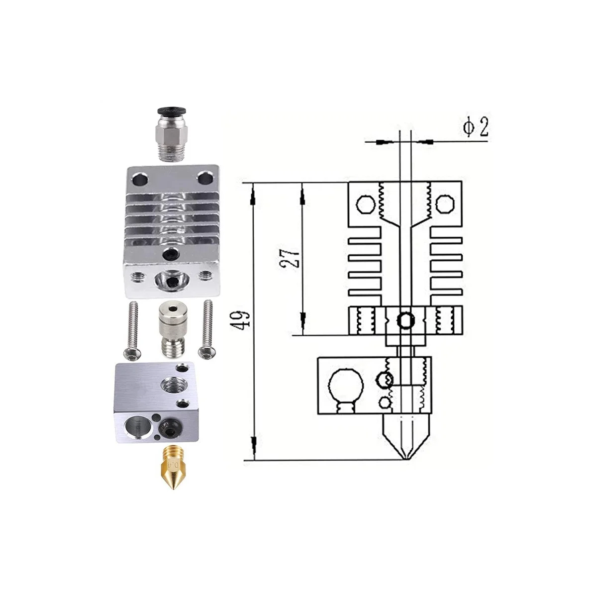 Hotend โลหะทั้งหมด - ตัวแบ่งความร้อนไทเทเนียม, หัวฉีด .4 มม., ข้อต่อแบบนิวแมติก, การอัพเกรดถุงเท้าซิลิโคน 3 PRO