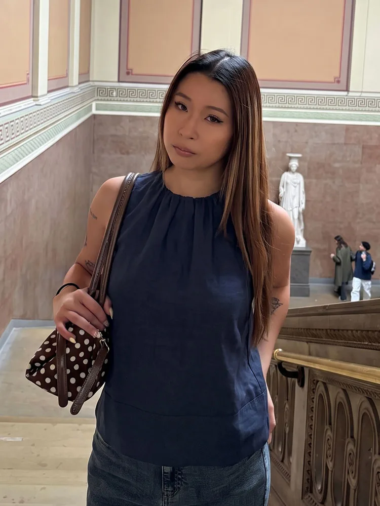 HH Women Summer Chic Crew Neck Sleeveless Blouse Navy Paneled Hem Flattering Fit Elegant Top For Brunch Gathering Party Wear