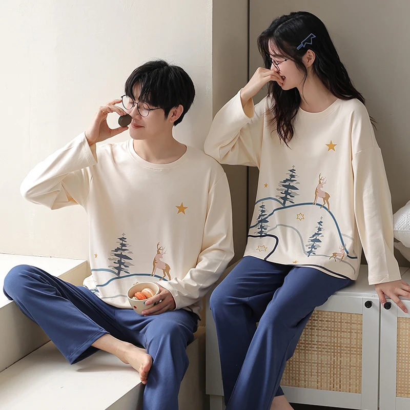 M-3XL Spring and Autumn Men's and Women's All Cotton Pajamas Long sleeved Round Neck Pullover Autumn All Cotton Pajamas