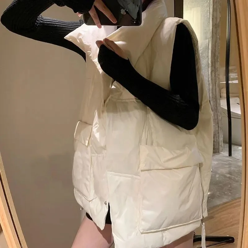 

Loose Outerwear Polo Collar Button Detail Medium Weight Women's Short Sleeveless Jacket Autumn Winter down Cotton Vest