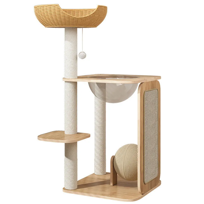 Solid wood cat climbing frame cat nest  tree integrated space capsule  scratching board small