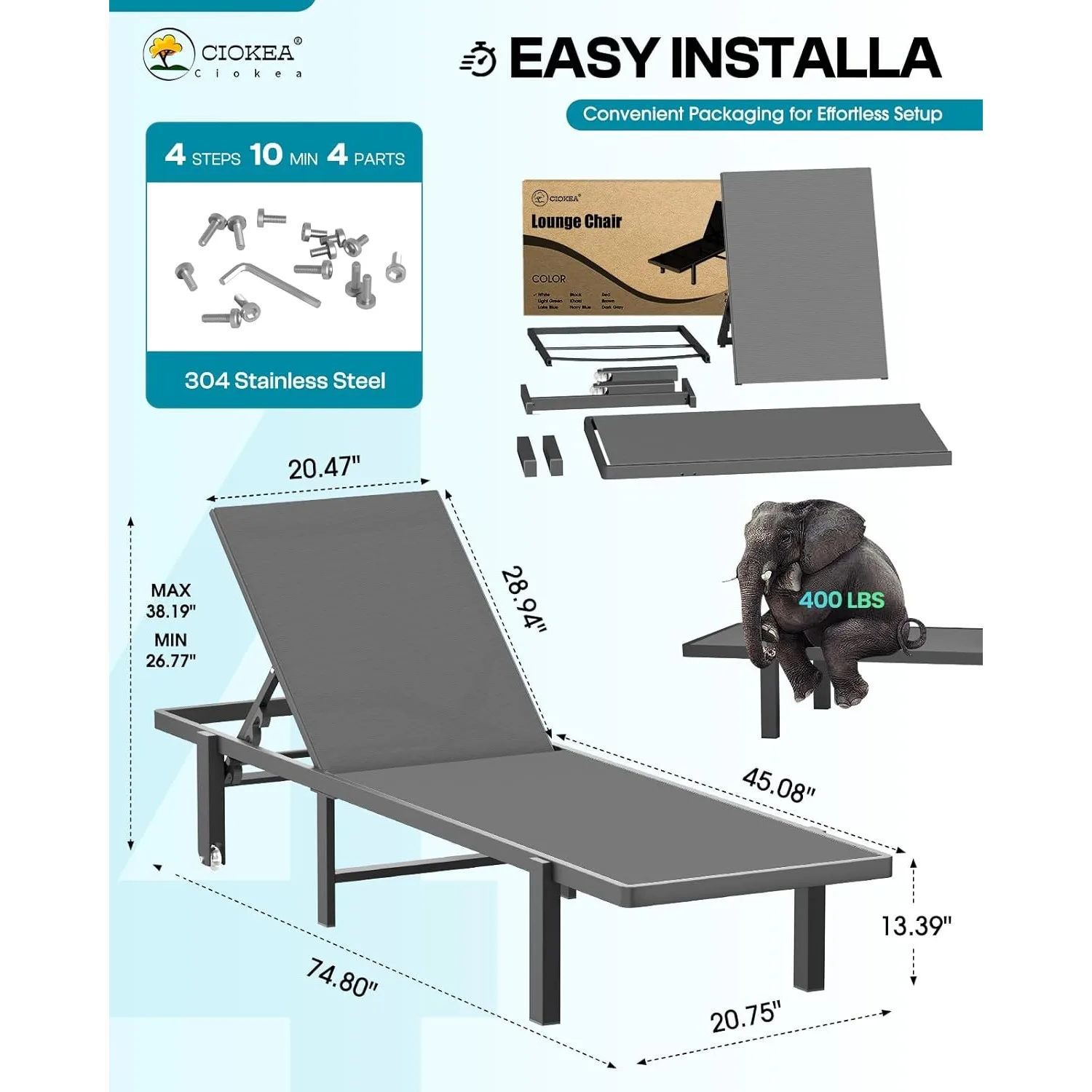 Aluminum Chaise Lounge Chair Outdoor W/ Wheels, Patio Lounge Chair W/ Adjustable 5-Position Recliner for Patio, Beach, Pool,Grey