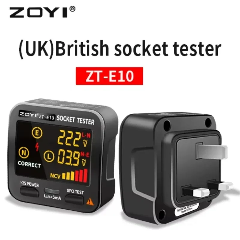 ZOYI ZT-E10 BS Standard Socket Tester, Large LCD Digital Display, Phase Sequence & Voltage Measurement Outlet Tester