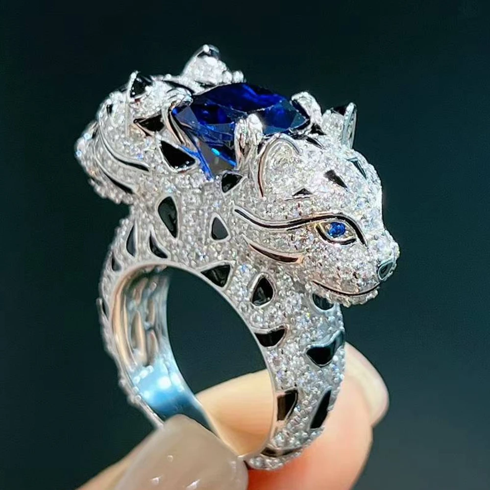 

Silver 925 Black Print Panther Leopard Cat Shaped Rings With Sapphire Blue Emerald Green CZ Stone Carbon Diamond Fine Jewelry