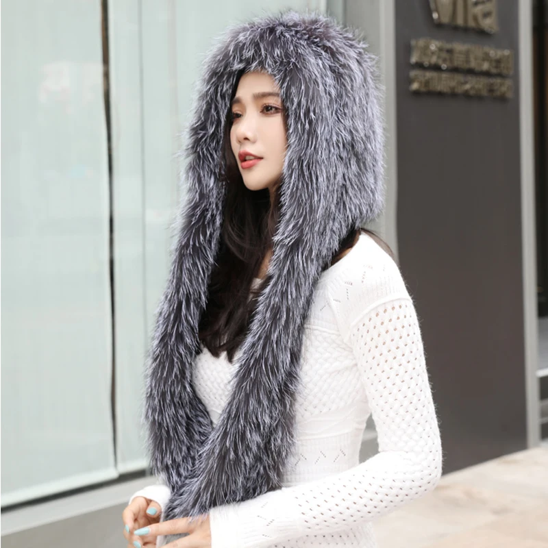 2024 Fashion Lady Real Fox Fur Hat Scarf Winter Warm Fluffy 100% Natural Fox Fur Hat Scarves Women Knitted Genuine Fur Cap Shawl