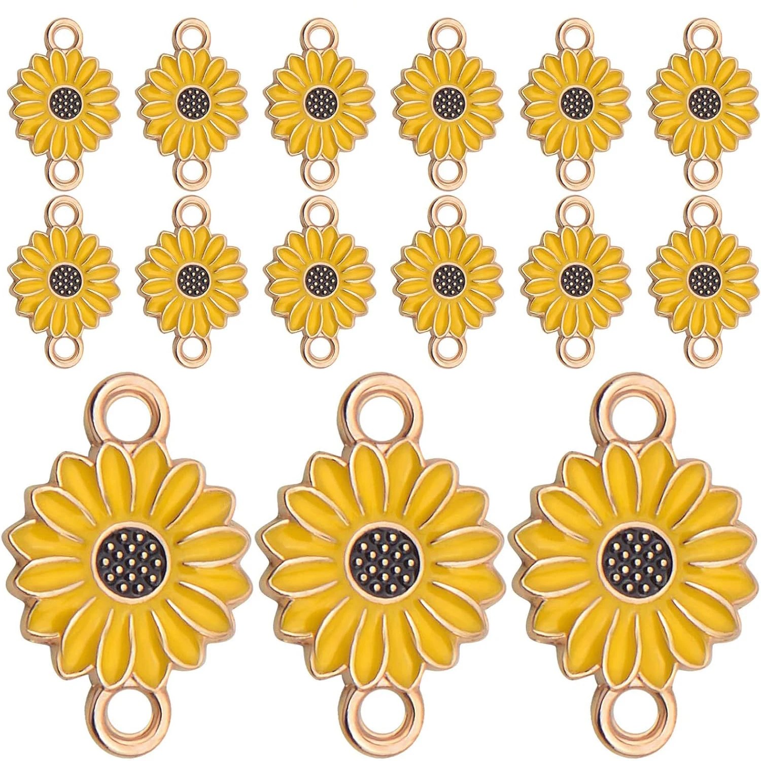 

30 шт. подвесок-коннекторов в виде цветов: желтые, из сплава, с цветочными мотивами подсолнуха и маргаритки, с двойными петлями для браслетов